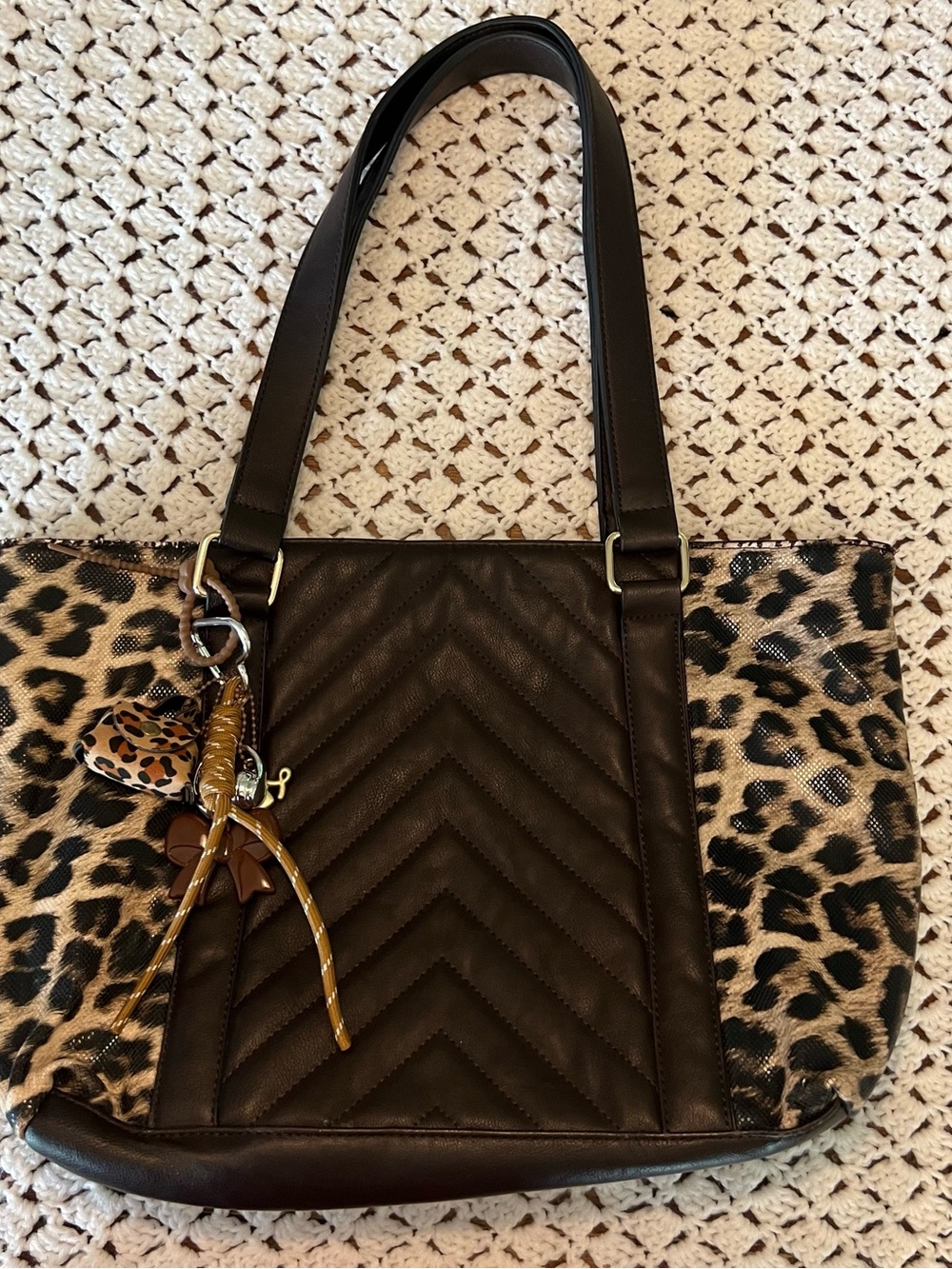 Charming Charlie Brown Quilted Tote with Leopard Panels
